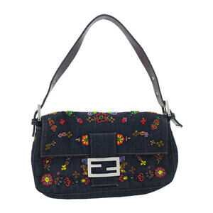 FENDI Beaded Embroidered Denim Mamma Bucket Semi Shoulder Bag
